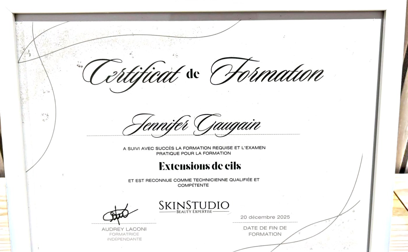 Certificat de formation Extensions de cils de Jennifer Gaugain