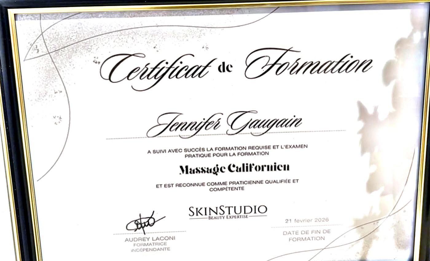 Certificat de formation Massage Californien de Jennifer Gaugain